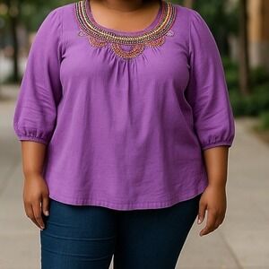 Boden | 100% Linen Multicolor Beaded Tunic Top Lavender Plus Size 16 Boho Summer